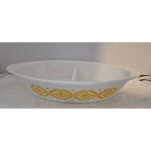 Vintage Glasbake Ovenware Oval 2 Sections White And Yellow Glass Baking Dish USA